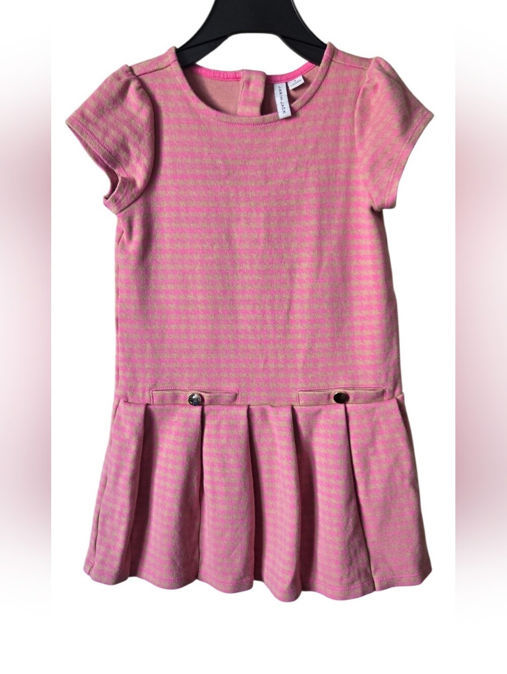 Janie and Jack Girls Siz 6 Dress Pink Gold Houndstooth Pleated Drop Waist Preppp